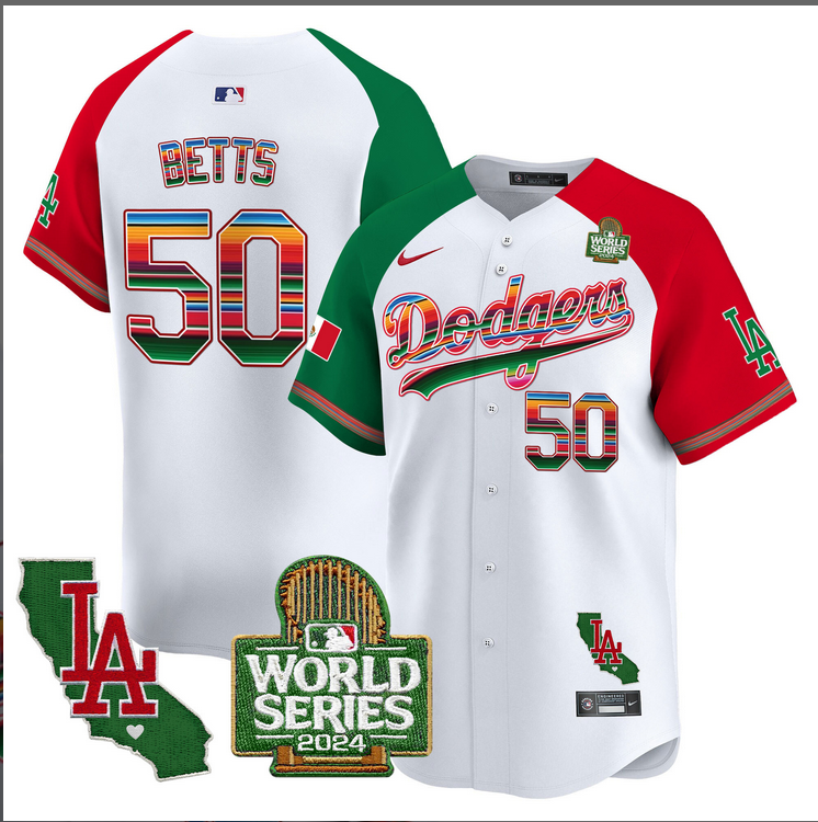 Men MLB Mexico Los Angeles Dodgers #50 betts white 2024 World Series Champions Patch Jersey 2024110 style 2->los angeles dodgers->MLB Jersey